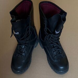 Vibrant Black Leather Lace-Up Boots with Burgundy Interior